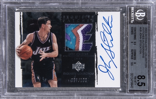 2003-04 UD "Exquisite Collection" Patches Autographs #JS John Stockton Signed Game Used Patch Card (#097/100) – BGS NM-MT+ 8.5/BGS 9